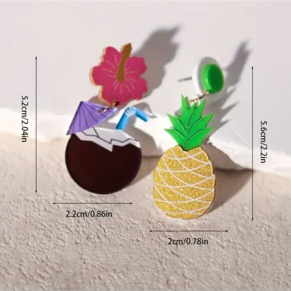 14k PINEAPPLE PINA COLADA coconut hibiscus cute fun dangle earrings - Picture 2 of 6